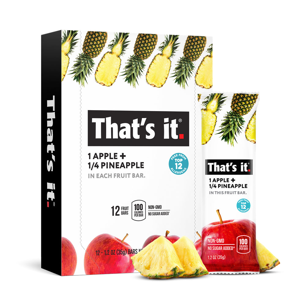 Apple pineapple bar standing next to apple pineapple box of 12 with some real pineapple slices 