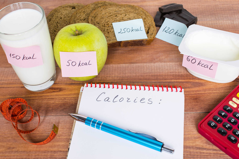 Image of foods with their calorie totals written on them with notes. A
