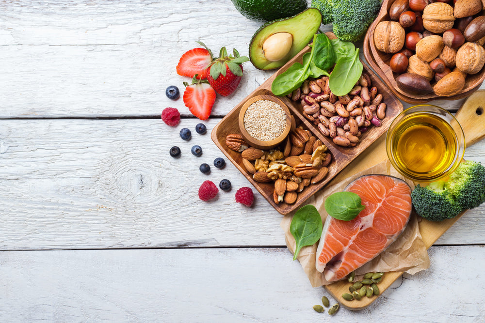 Healthy foods: Salmon, nuts, avocados, berries. A.