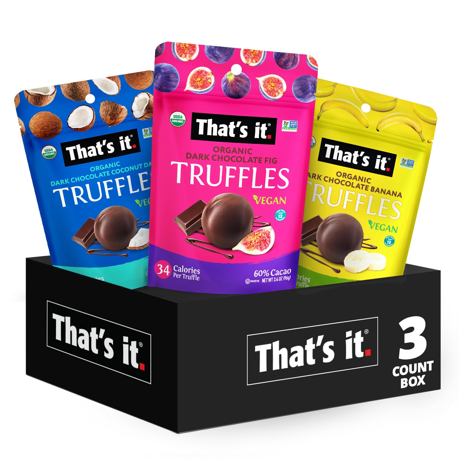 Organic Dark Chocolate Fruit Truffles Variety Pack - Banana, Coconut &