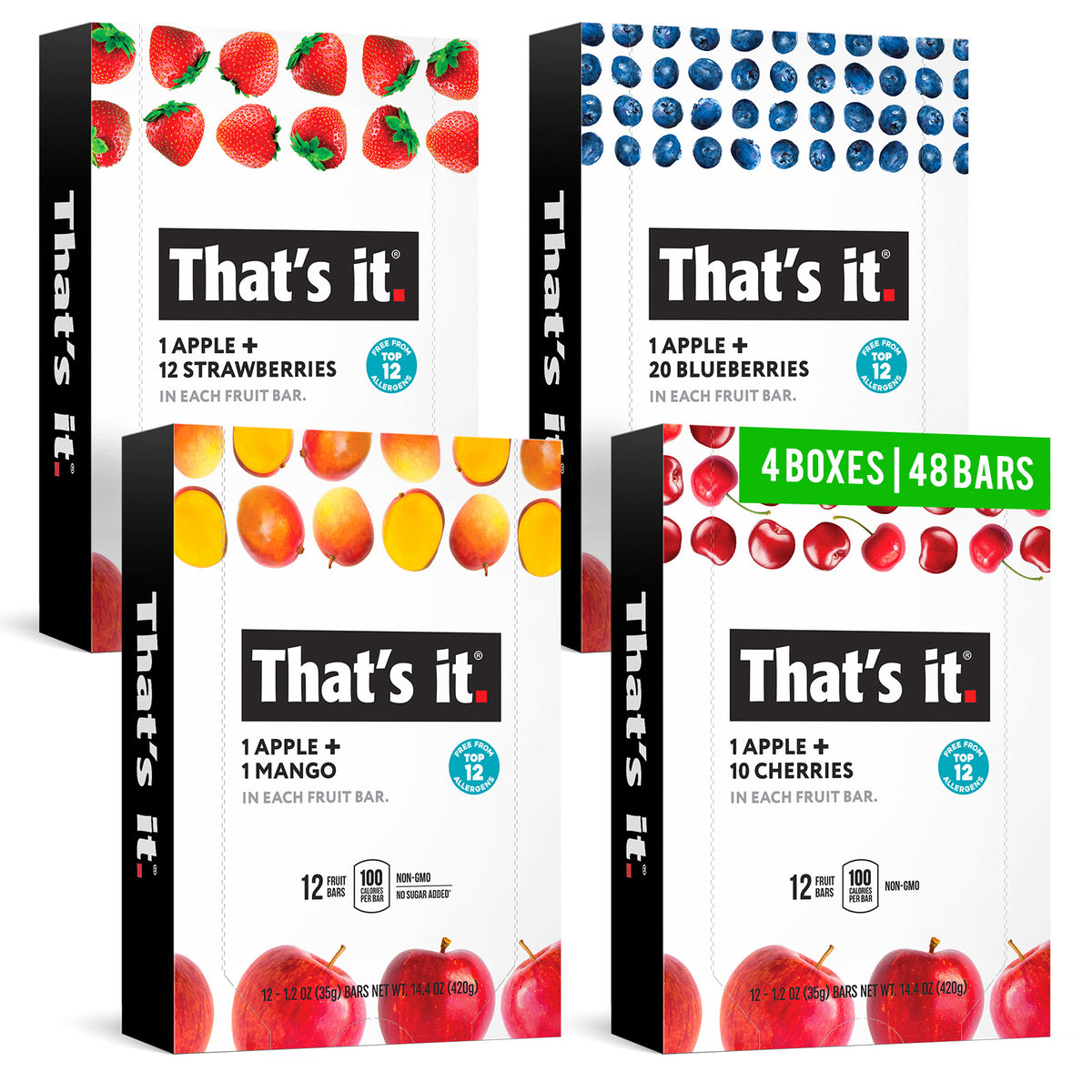 4 BOXES, 48 BARS. I 12ct box of Strawberry, Blueberry, Mango and Cherry That's it. Fruit Bars