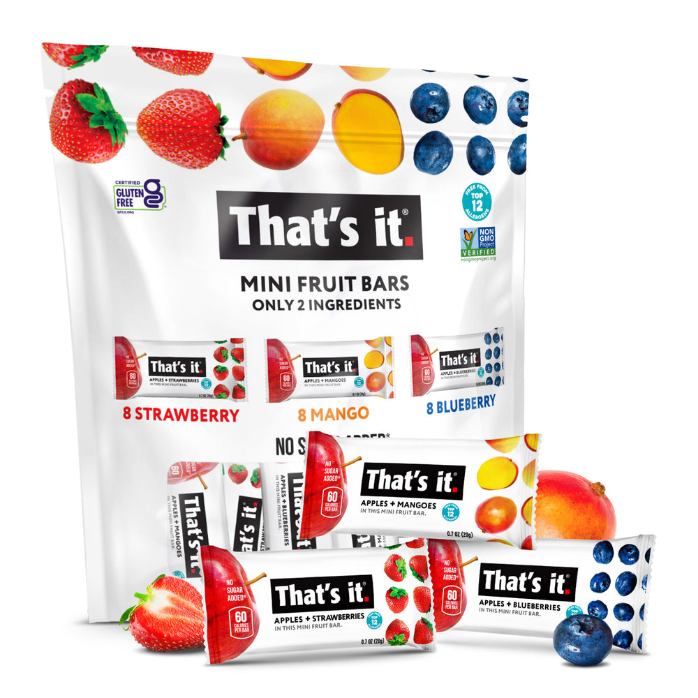 24 count pouch of mini fruit bars including  8 of the following flavors: strawberry, blueberry and mango