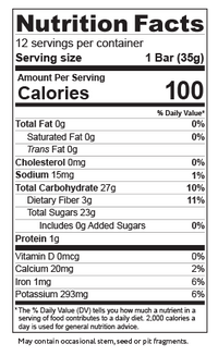 Load image into Gallery viewer, Apple Apricot Nutrition Facts Nutrition Facts 12 servings per container Serving size 1 Bar (35g) Amount Per Serving Calories 100 % Daily Value* Total Fat Og 0% Saturated Fat Og 0% Trans Fat Og Cholesterol Omg 0% Sodium 15mg 1% Total Carbohydrate 27g 10% Dietary Fiber 3g 11% Total Sugars 23g Includes Og Added Sugars 0% Protein 1g Vitamin D Omcg 0% Calcium 20mg 2% Iron 1mg 6% Potassium 293mg 6%
