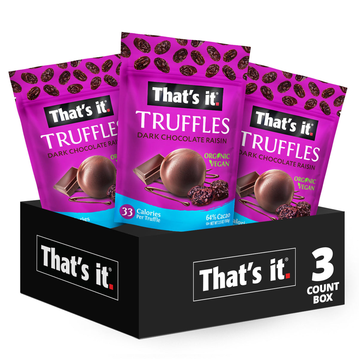 3 count box of 3.5 ounce pouches of dark chocolate raisin truffles