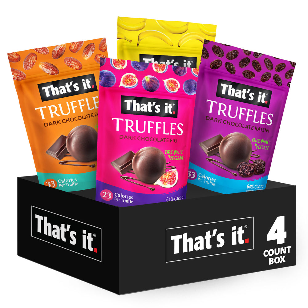 4 count box Variety pack of four flavors including fig, date, raisin and banana dark chocolate truffles