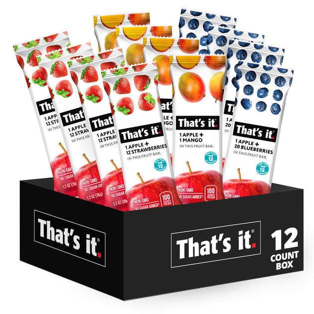 Fruit Bar Variety Pack Blueberry, Mango & Strawberry (12 Bars) That’s it. Nutrition